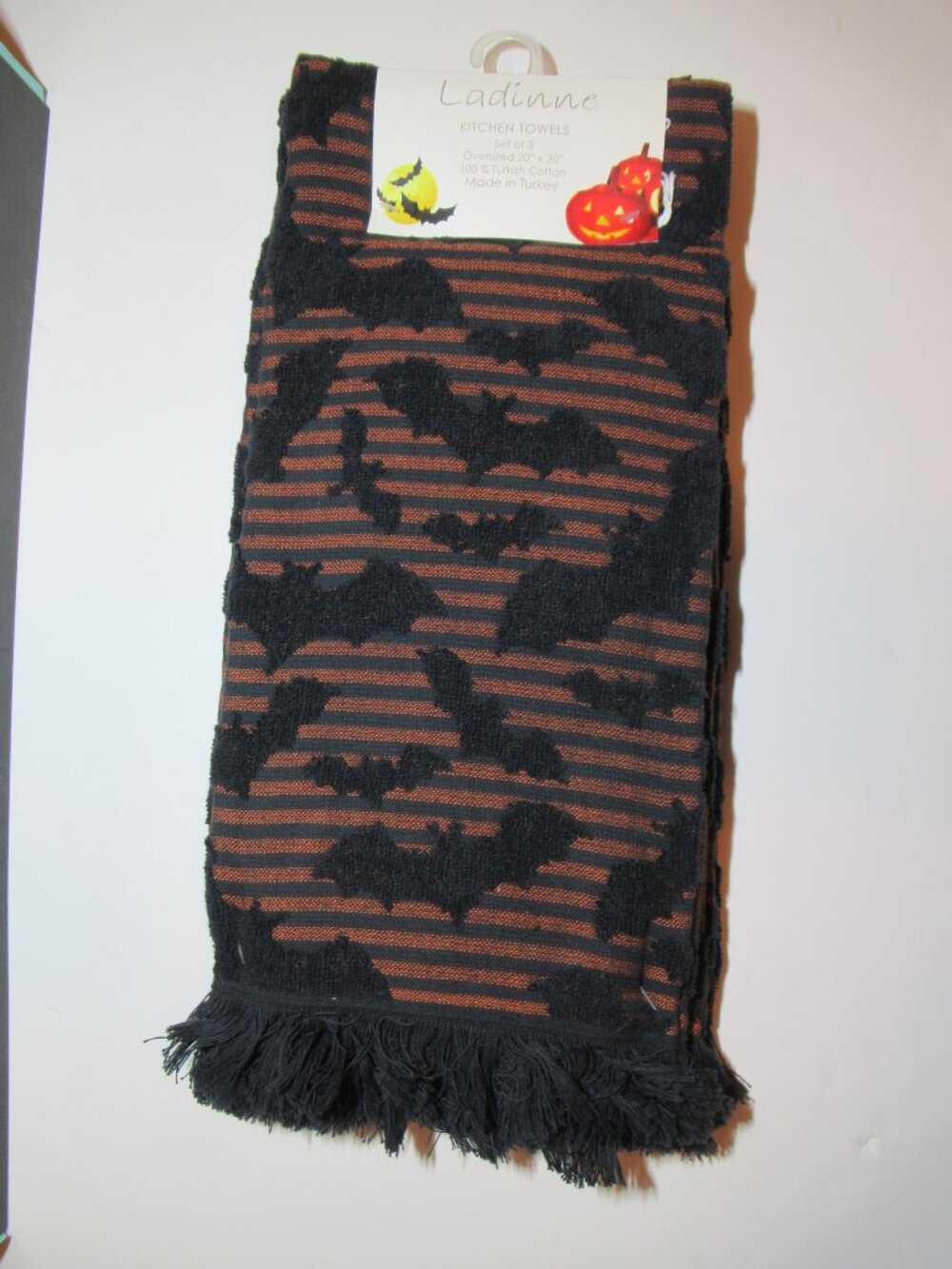 NWT Ladinne Kitchen Towels, Set of 3, Orange & Black Stripes, Halloween Bats